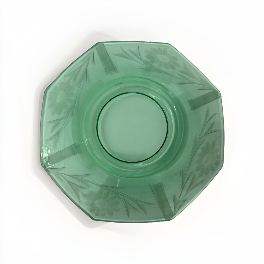 Vintage Depression Green Glass 8 inch Plate Octagon W/Etched Flowers